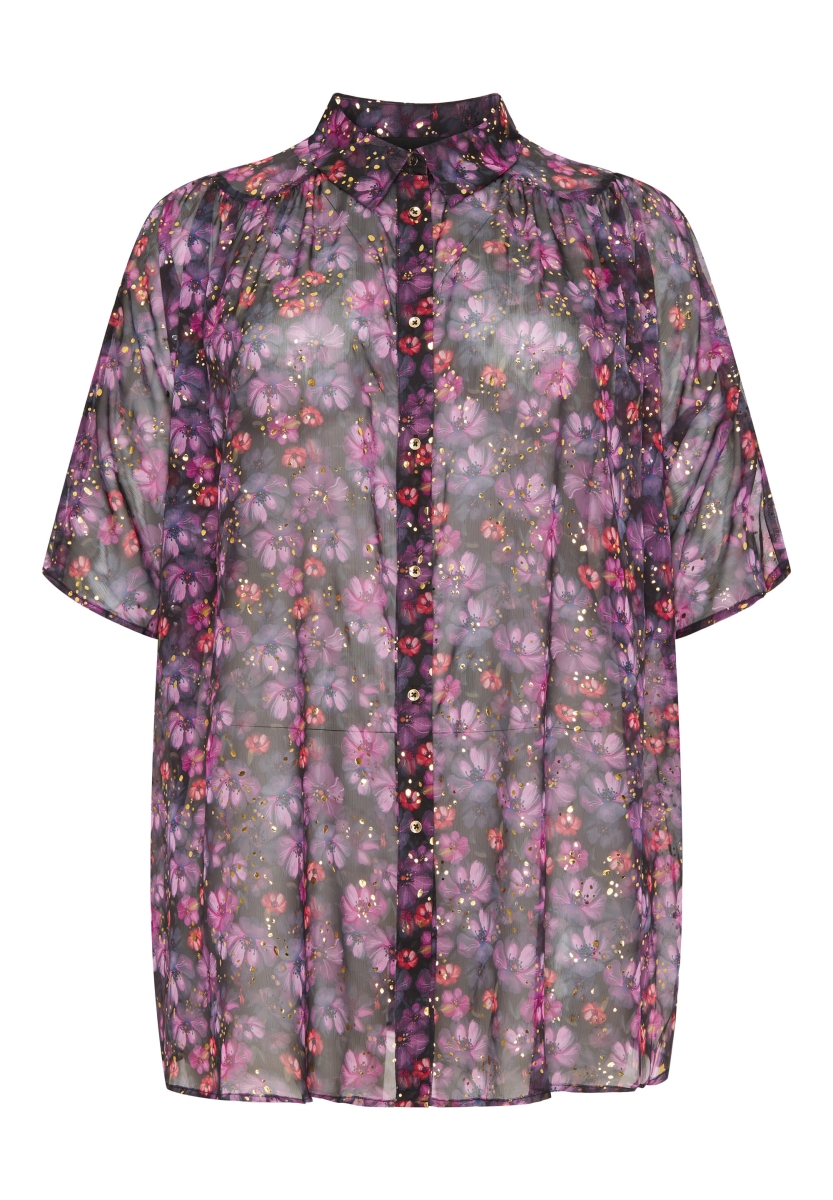 Kimono Long w batwing sleeves- Black w Purple, Gold Flowers