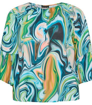 Blouse w 1/2 flair sleeves- Blue and Green Holographic print